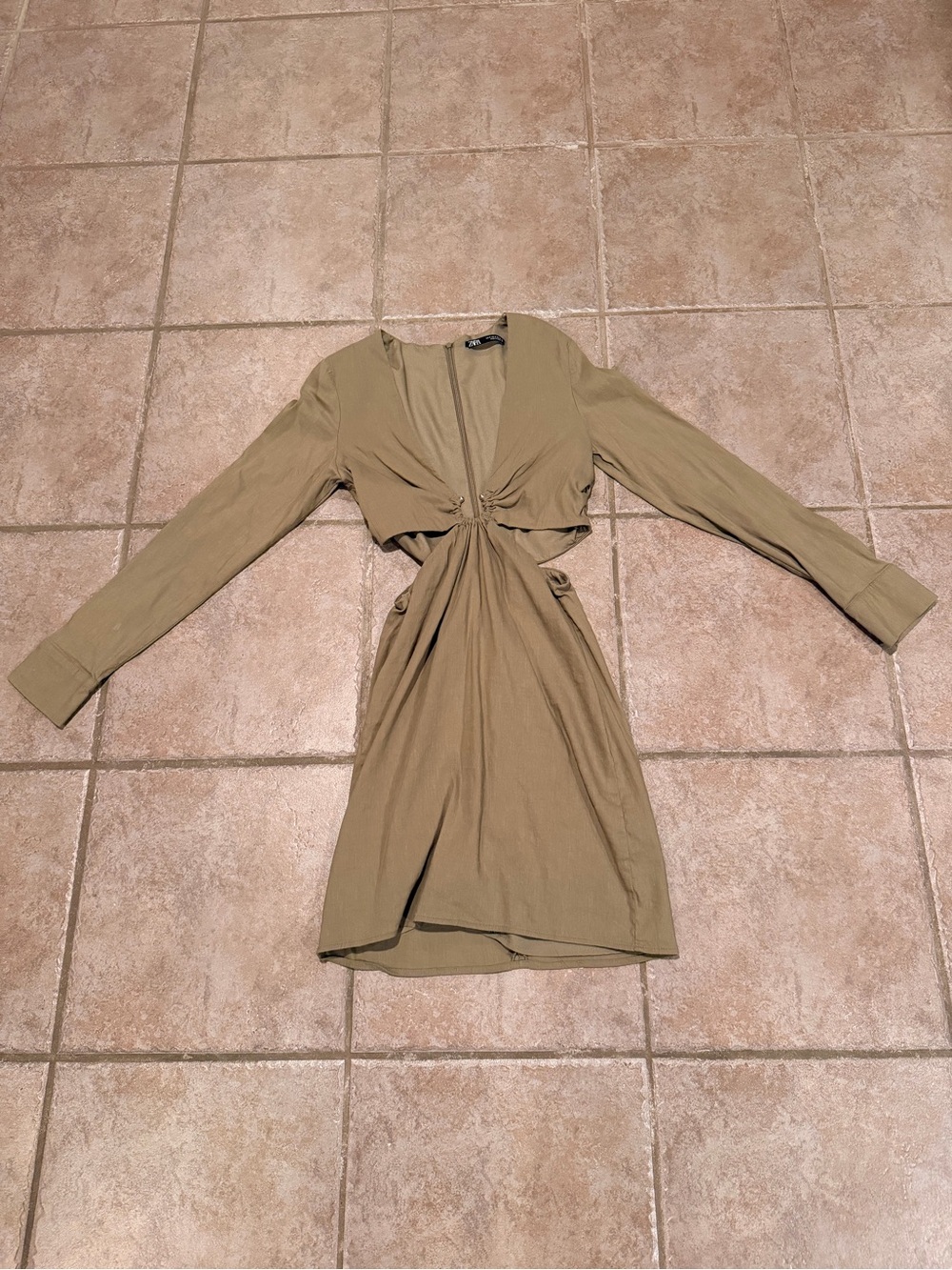 Zara Olive Long-Sleeve Twist Front Mini Dress